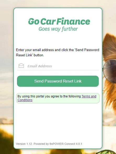 The forgot password page of the Go Car Finance portal