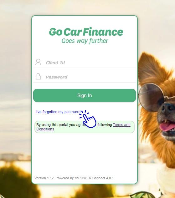 Log in page of the Go Car Finance customer portal with the forgot password link circled